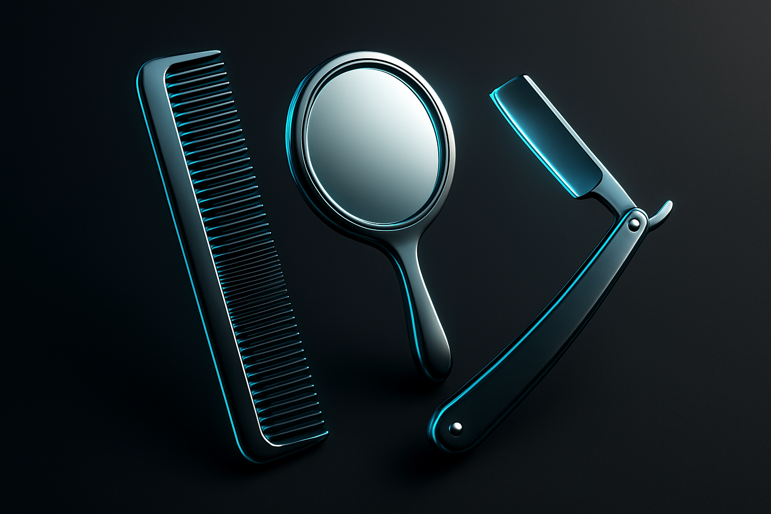 generate super dark gradiant background with electric cyan blue 3d elements like hair comb small miror with maybe a old school barber blade with modern style